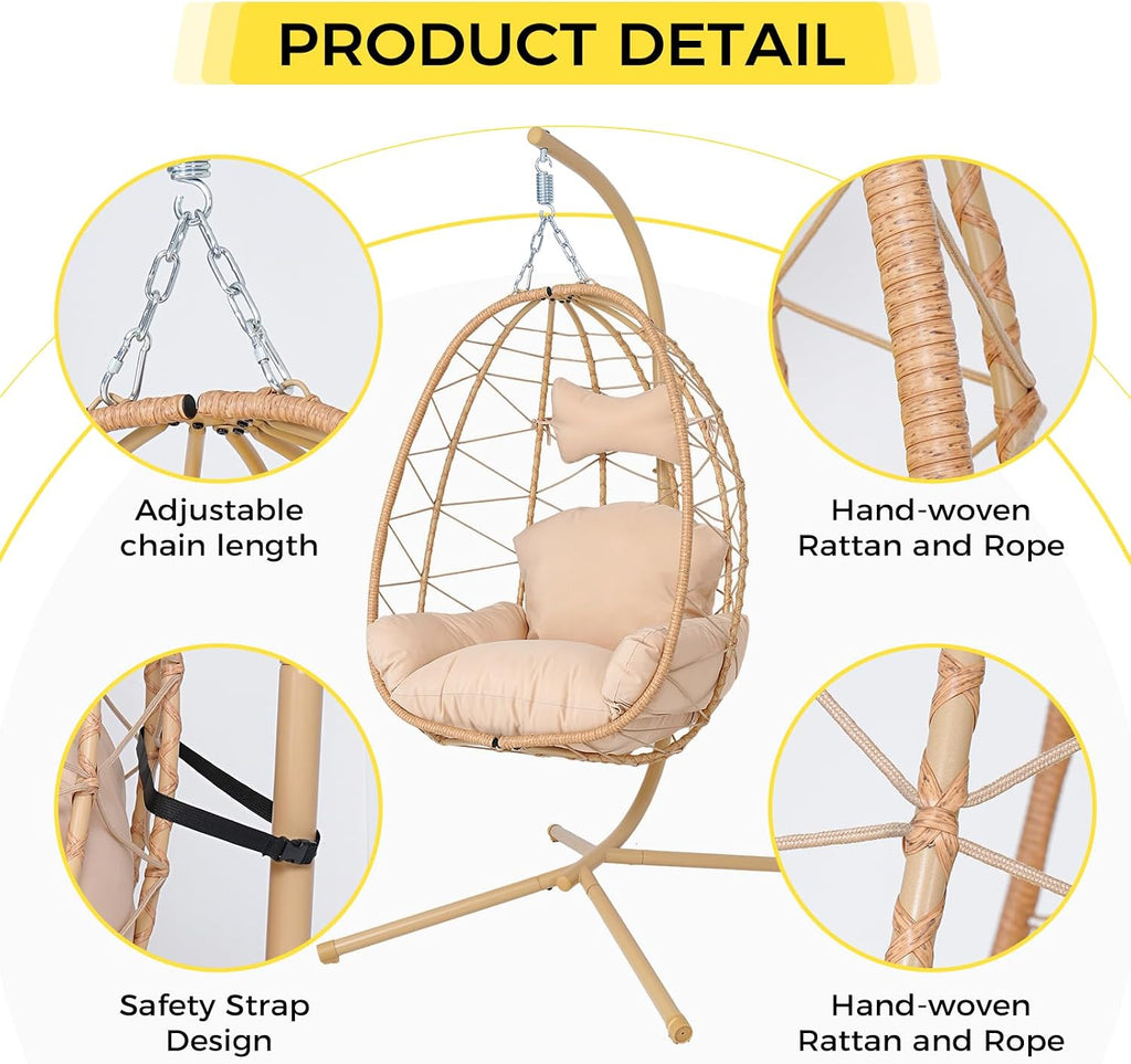 Egg Chair with Stand, Wicker Hanging Chair for Outdoor Patio, Cushioned Hammock Swing for Bedroom Garden Indoor/Outdoor, Double-Zipper Structure Hanging Egg Chair (Yellow and Beige)