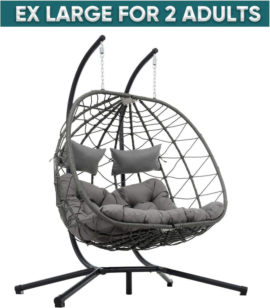 JOYBASE Double Swing Egg Chair with Stand, 2-Person Hanging Egg Chair Wicker Rattan Oversized Swinging Chair for Outdoor Indoor Garden Patio (Grey)