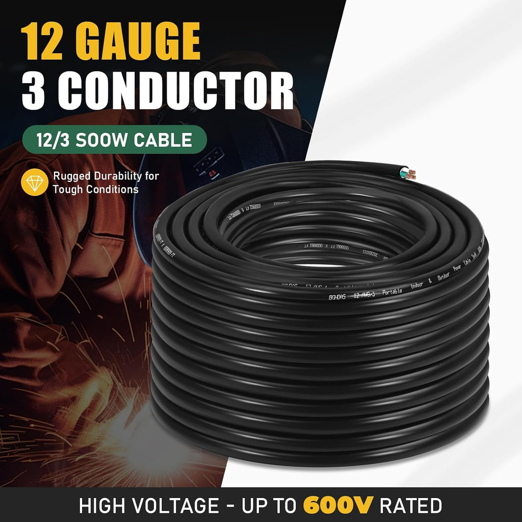 150ft 12/3 12 AWG Portable Power Cable (3 Conductor) - SOOW 600V 12 Gauge Electric Wire for Generator, Portable Lights, RV/EV Car Battery Chargers and Machinery - 150 Feet Electrical Cord
