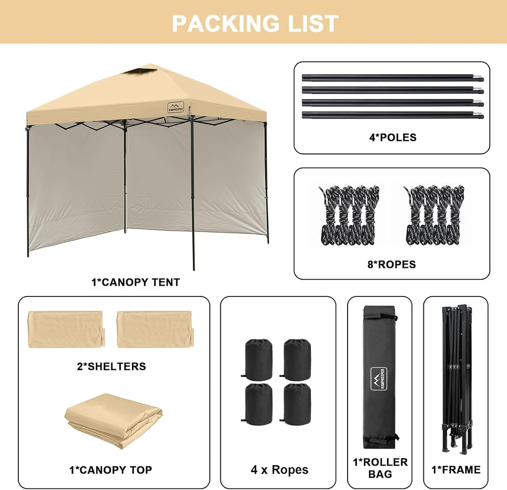 KAMPKEEPER 10x10 Easy Pop Up Canopy Tent with Sidewalls, Instant Outdoor Shade Shelter with Removable 10FT Sun Walls, Quick Setup Waterproof and UV-Resistant for Patio (Khaki, 10x10FT with 2 sidewall)