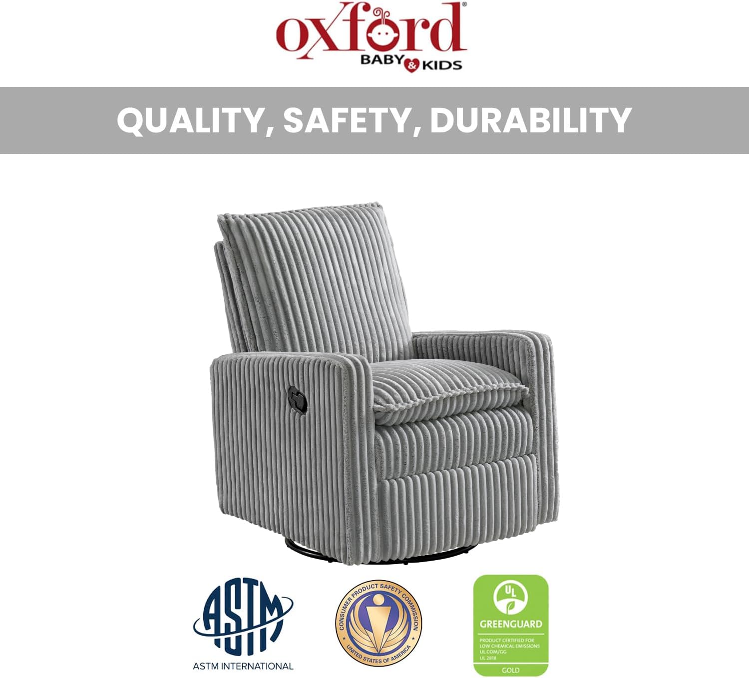 Oxford Baby Uptown Upholstered Glider Recliner Rocking Chair 360° Swivel for Nursery and Living Room - Corduroy, Ash Gray