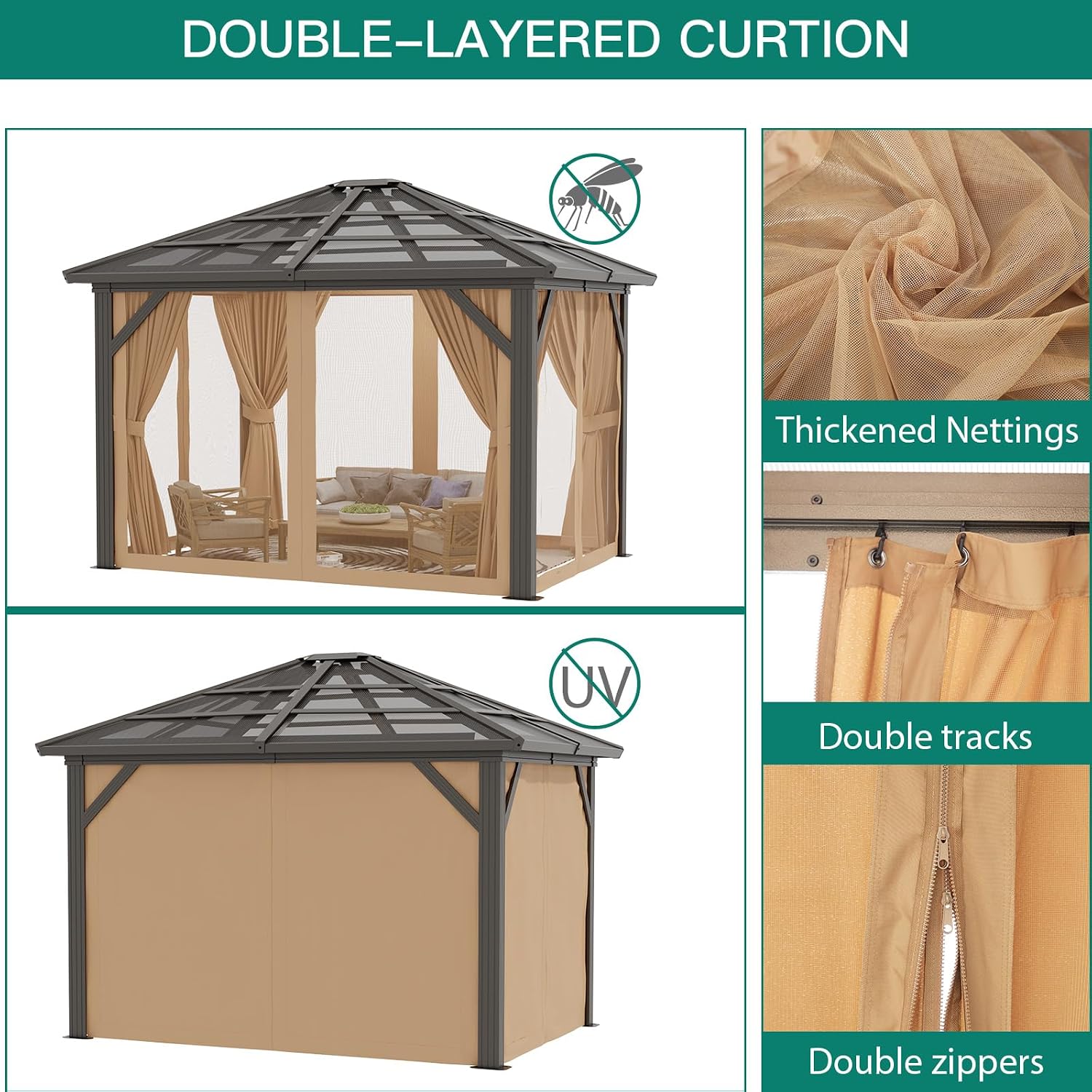 GarveeHome 10x12 ft Outdoor Gazebo Canopy with Heavy-Duty Aluminum Frame & Waterproof PVC Roof - Sun Shelter Tent for Backyard, Patio, Garden, Park Events