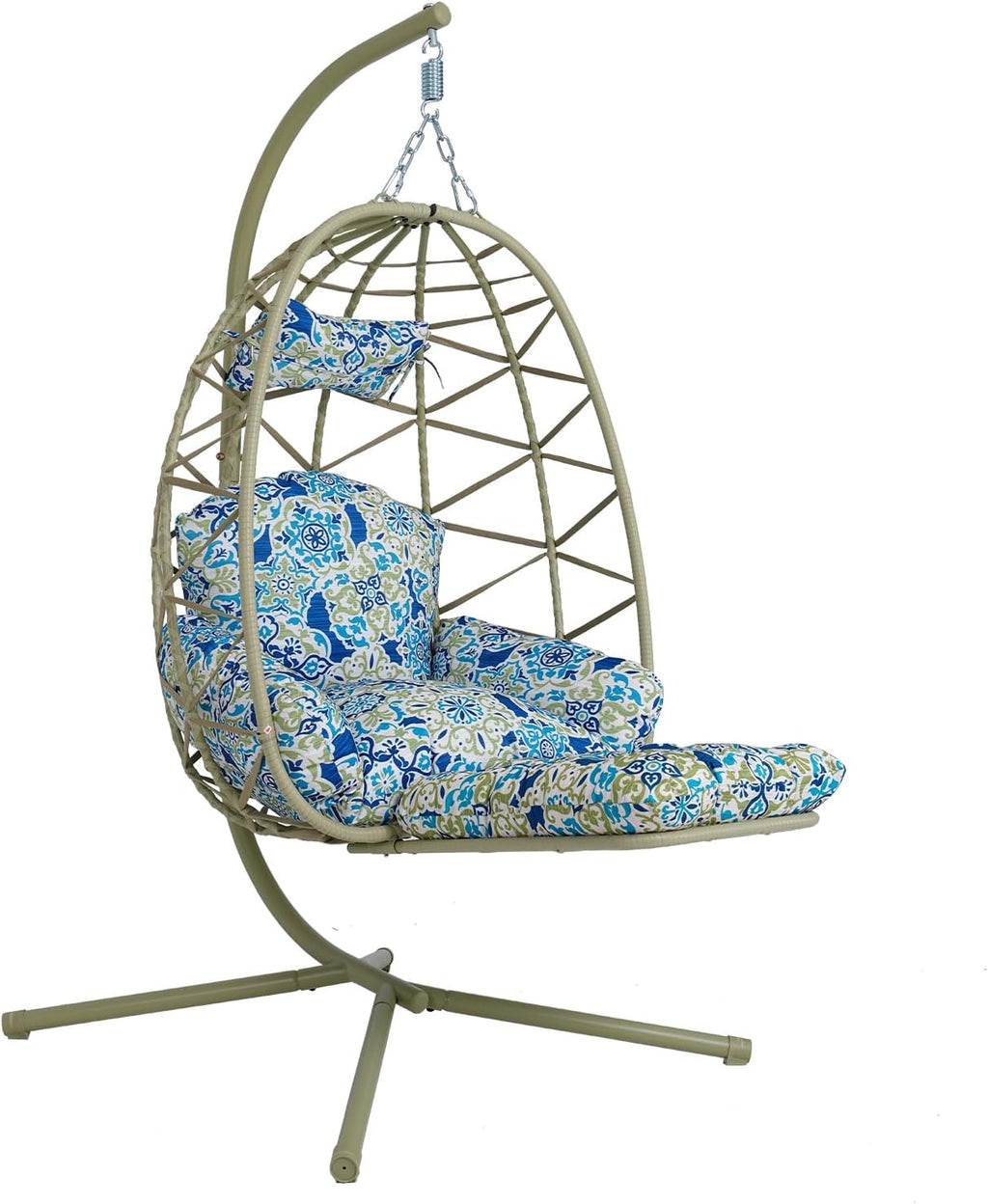 Hanging Egg Chair with Stand & Leg Rest,Rattan Wicker Swing Chair with Cushion,Patio Basket Hanging Chair Wicker Hammock Chair for Indoor Outdoor Bedroom Garden,300LBS (Coffee Rattan&Floral Cushion)