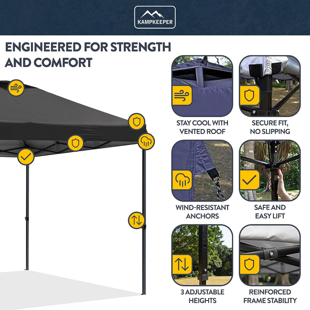 KAMPKEEPER 10x10 Pop-Up Canopy Tent, Waterproof, Portable Shade with Side Walls, Adjustable Instant Outdoor Shelter for Camping, Backyard, and Events, Black