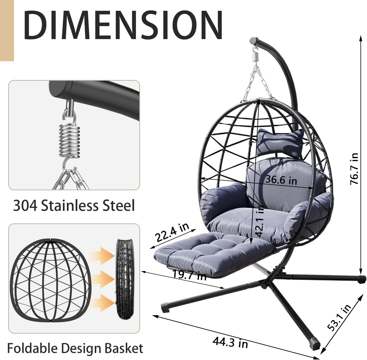 Indoor Outdoor Hanging Egg Chair with Stand & Leg Rest – Heavy-Duty Steel Frame, Handwoven Rattan Swing Chair for Patio, Garden, Bedroom – 350 lbs Capacity, Ergonomic Design (Navy)