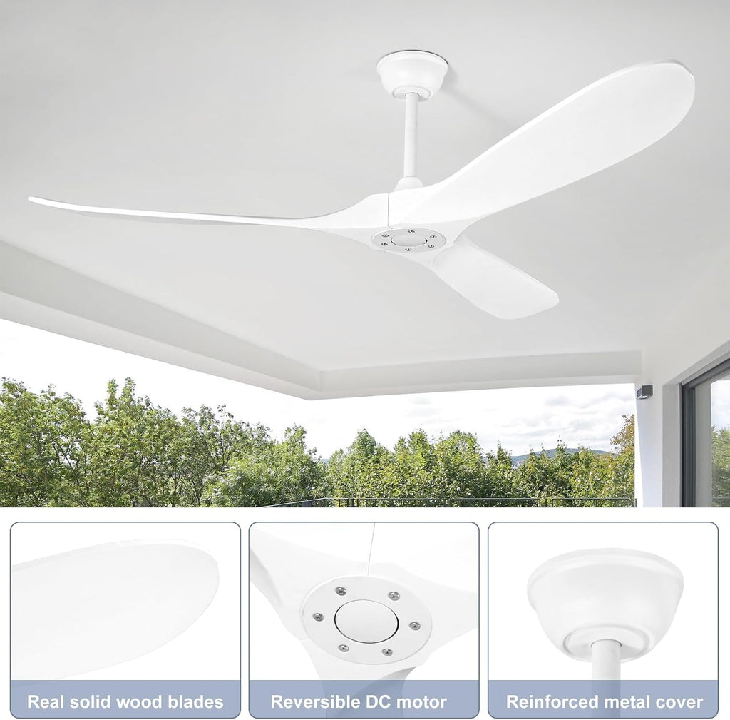 72 Inch Solid Wood Ceiling Fan without Light,3 Real Wood Blades,DC Motor Quiet and Reversible,Outdoor Ceiling Fan for Garage,Patio,Farmhous (white)