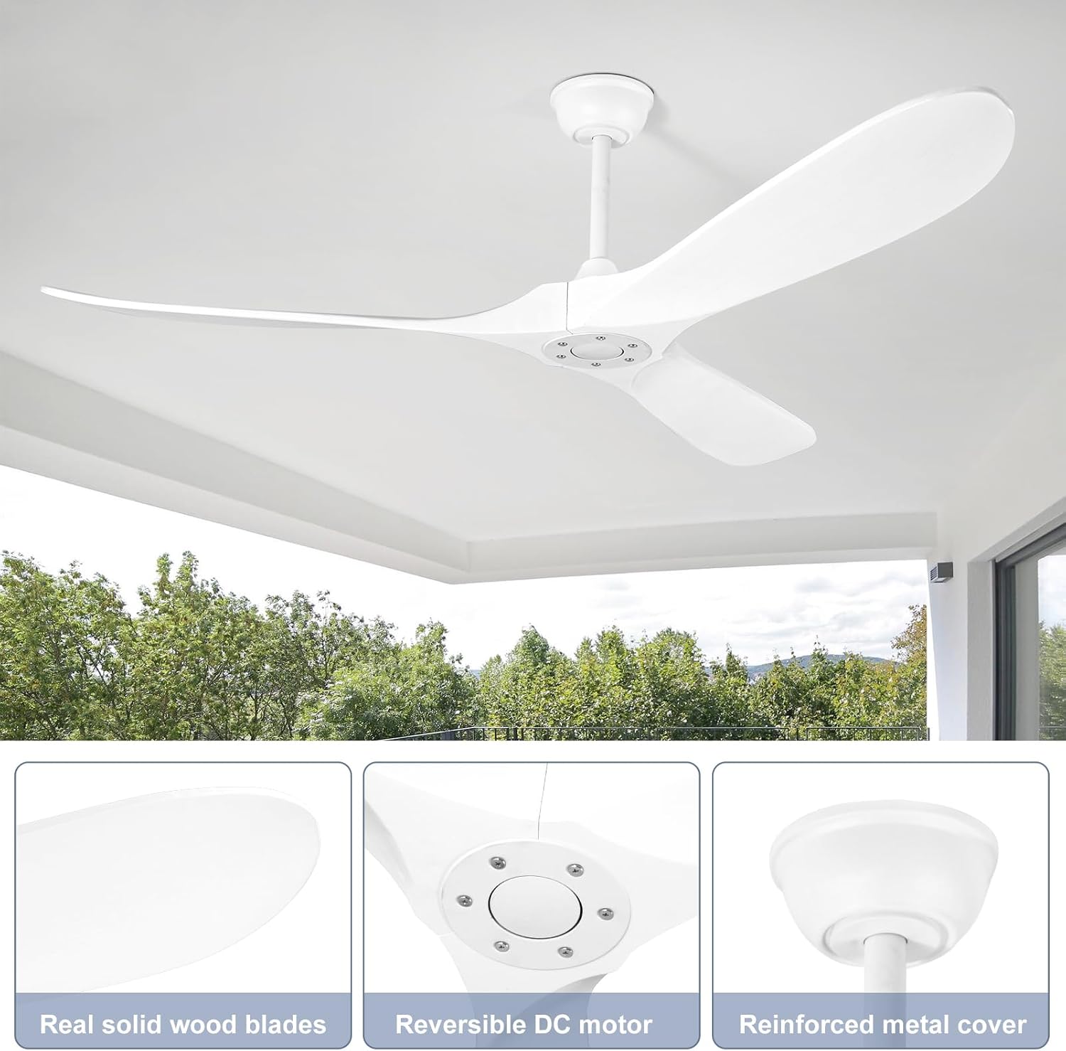 72 Inch Solid Wood Ceiling Fan without Light,3 Real Wood Blades,DC Motor Quiet and Reversible,Outdoor Ceiling Fan for Garage,Patio,Farmhous (white)