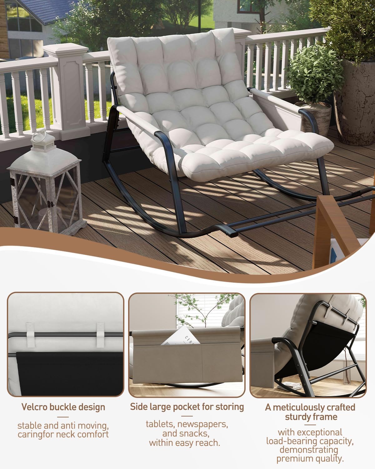 Oversized Indoor Rocking Chair, Plush Papasan Chair with Comfy Padded Cushions & Side Pocket, for Patio Garden, Porch, Lounge, Outdoor, Beige