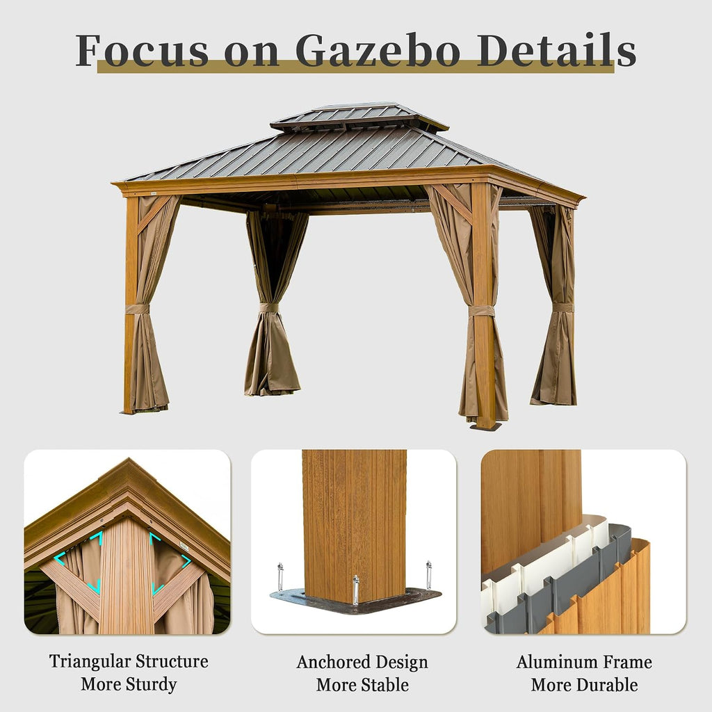 Domi Hardtop Gazebo 10x12FT, Outdoor Gazebo with Galvanized Steel Double Roof, Aluminum Frame, Built-in Gutter System, Curtain and Netting, Metal Gazebo Pavilion for Patio Deck Garden, Wood-Looking