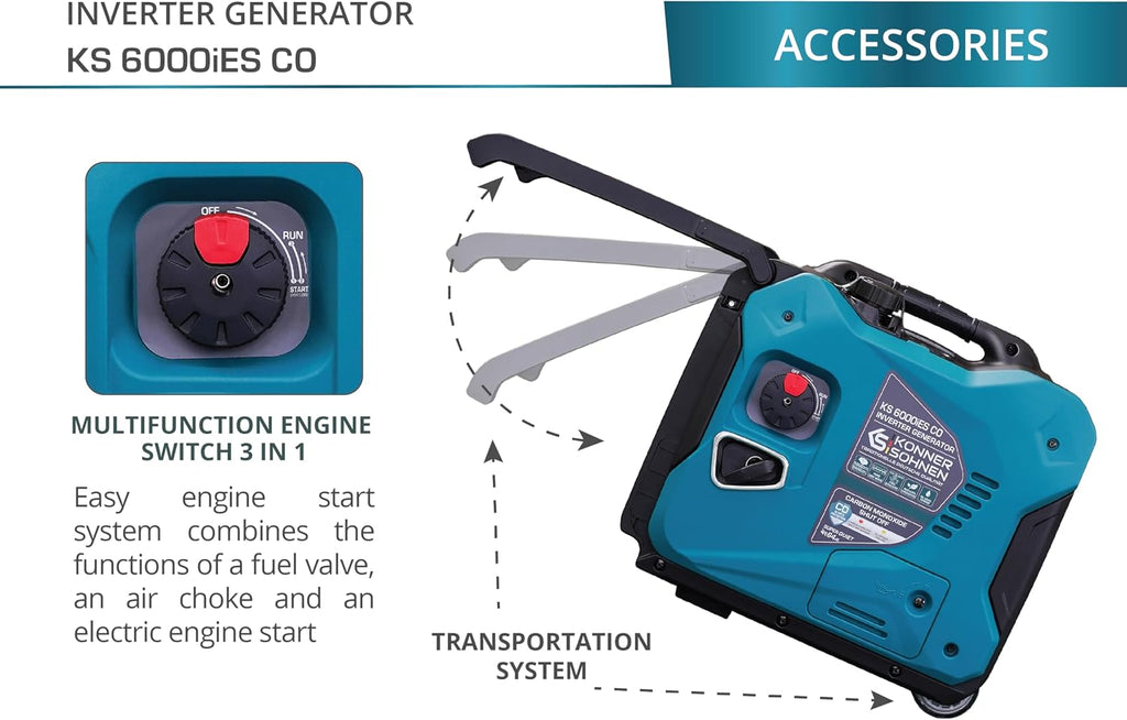 Konner&Sohnen Gas Inverter Generator - 5500 Watt, 120V/240 V, Portable and Lightweight, Super Quiet with Pure Sine Wave and CO Sensor (German brand, model: KS 6000iES CO)