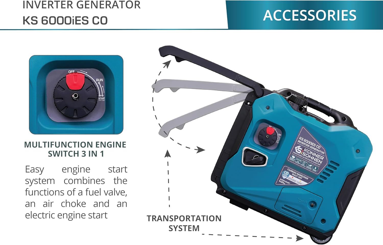 Konner&Sohnen Gas Inverter Generator - 5500 Watt, 120V/240 V, Portable and Lightweight, Super Quiet with Pure Sine Wave and CO Sensor (German brand, model: KS 6000iES CO)