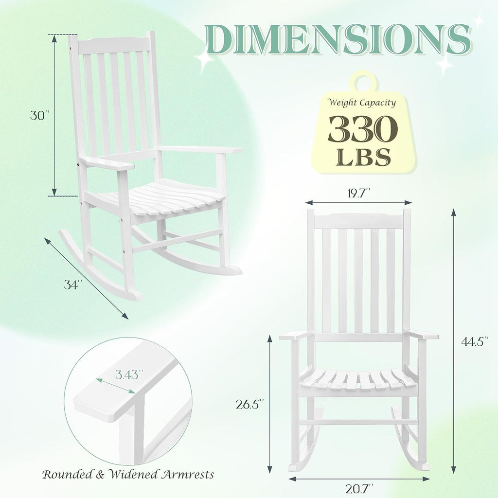 Flamaker Outdoor Rocking Chair Oversized Wooden Patio Chairs with Widened Armrest High Back Porch Rocker for Lawn, Garden, Backyard, Fire Pit (White)