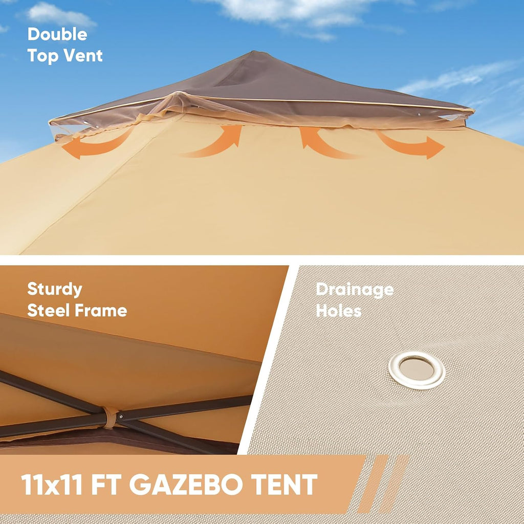 11x11 FT Gazebo Tent, Outdoor Tents for Parties with Mosquito Netting, Folding Heavy Duty Height Adjustable Canopy Tent for Patio Backyard Garden (Brown)