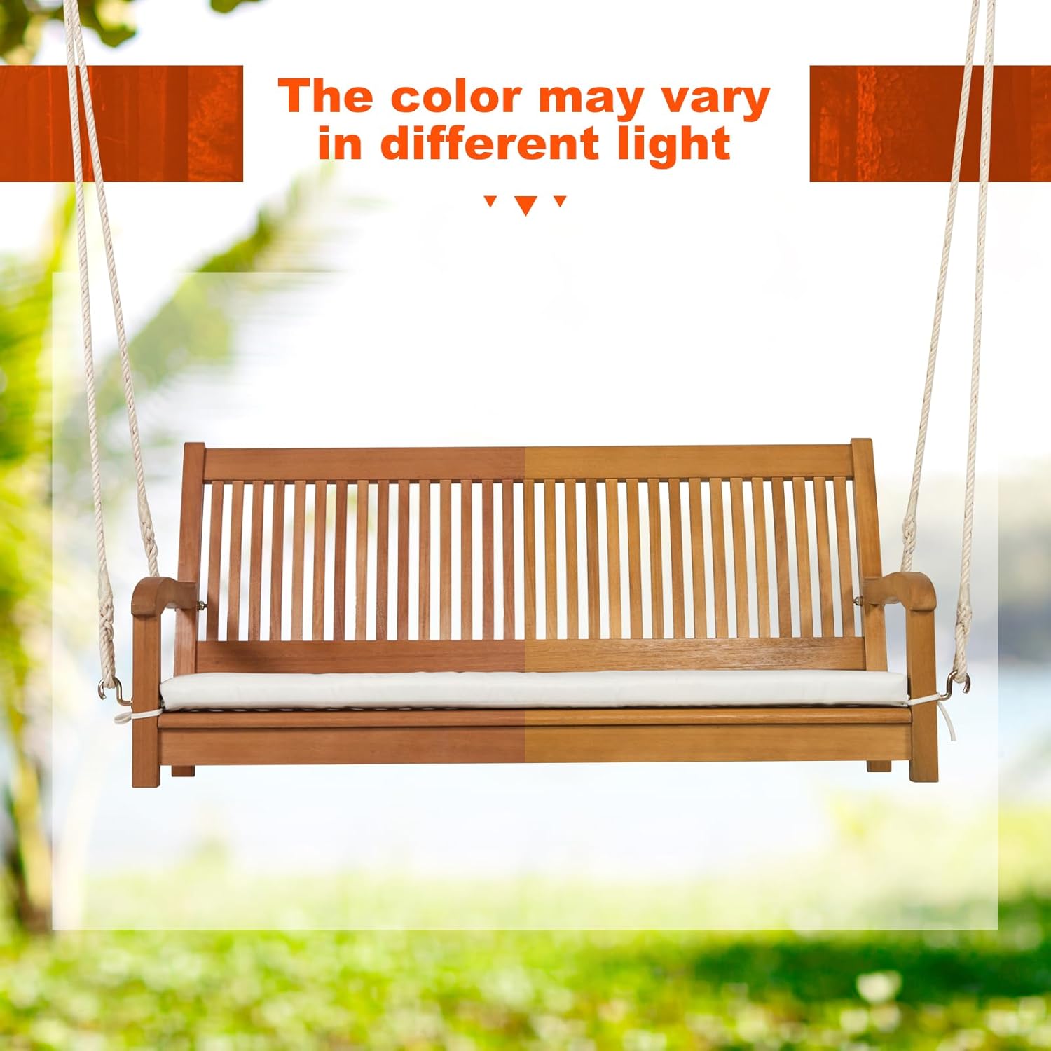 Tangkula 2 Person Hanging Porch Swing, Outdoor Bench Swing with Hanging Ropes, High Back, Cozy Armrests, Heavy Duty 800Lbs Wooden Hanging Swing Chair with Cushion for Backyard, Deck, Garden Natural