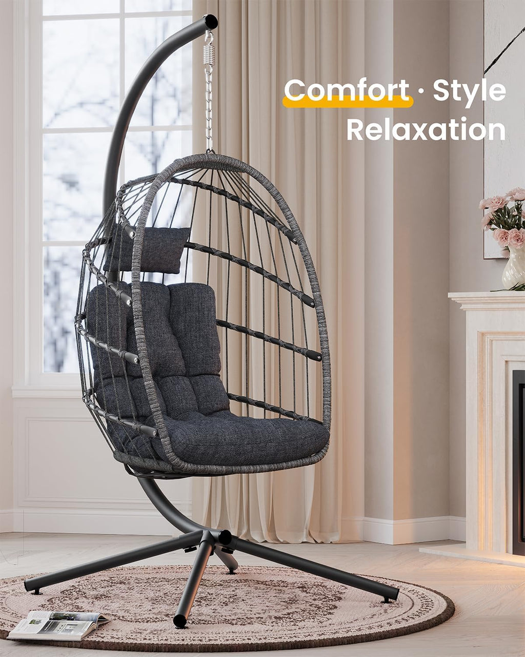 Hanging Egg Chair with Stand, Indoor Outdoor Wicker Patio Egg Swing Chair with Cushion for 350LBS Capacity, Hanging Hammock Chair for Bedroom, Garden, Porch - Dark Grey