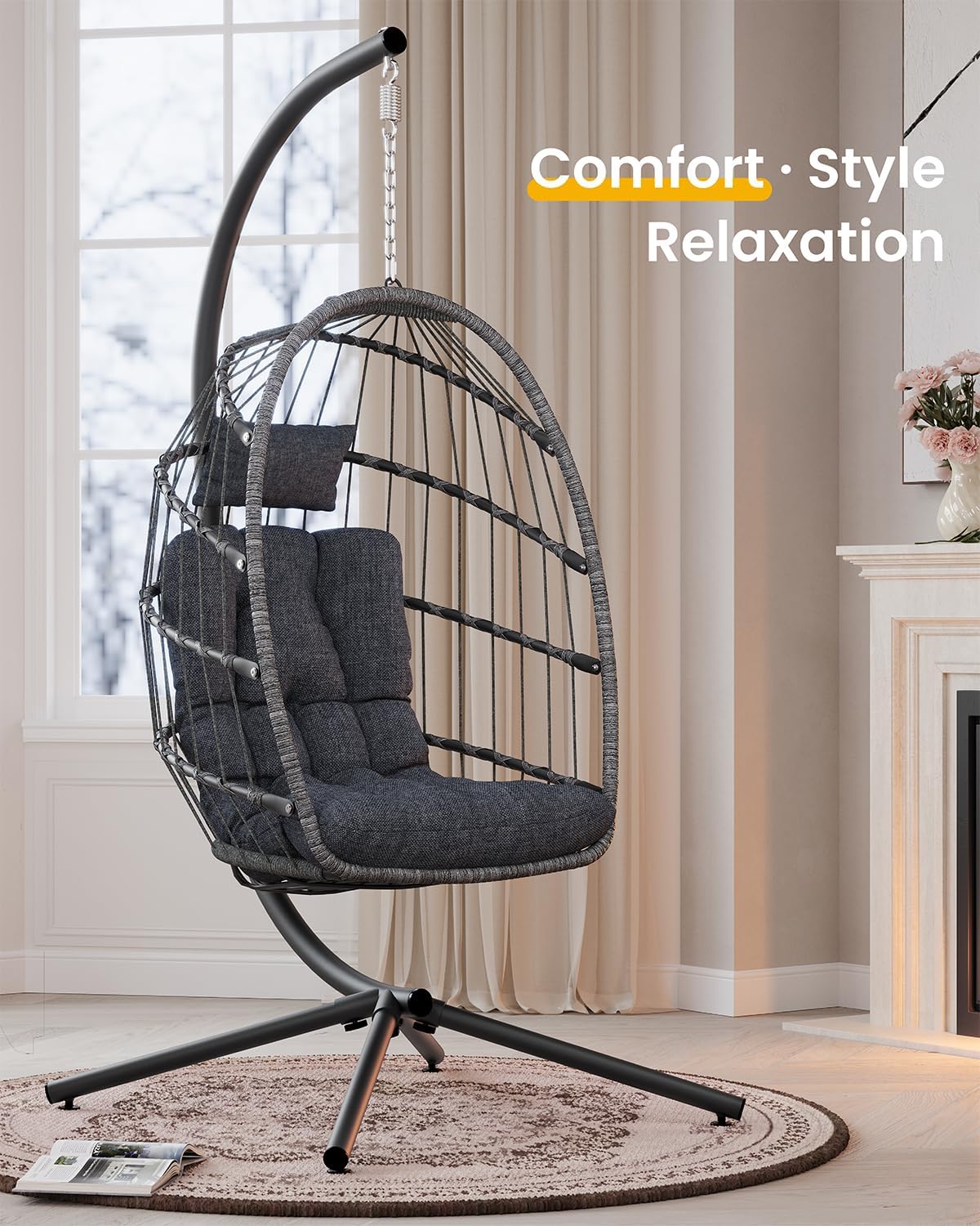 Hanging Egg Chair with Stand, Indoor Outdoor Wicker Patio Egg Swing Chair with Cushion for 350LBS Capacity, Hanging Hammock Chair for Bedroom, Garden, Porch - Dark Grey