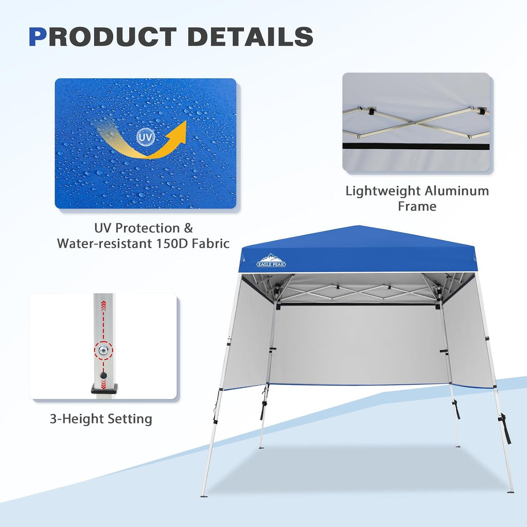 EAGLE PEAK Day Tripper 8x8 Aluminum Super-Lightweight Slant Leg Pop Up Canopy with 3 Removable Walls, Instant Outdoor Backpack Canopy Tent, Outside Beach Folding Sun Shelter, 8x8 Base 6x6 Top, Blue
