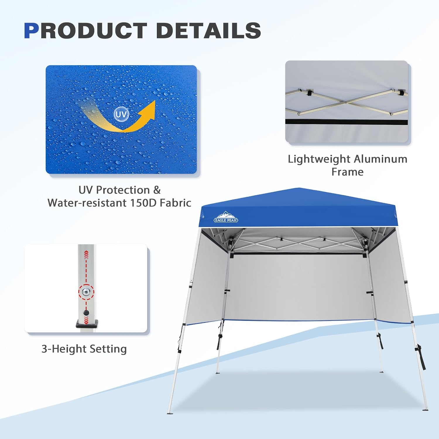 EAGLE PEAK Day Tripper 8x8 Aluminum Super-Lightweight Slant Leg Pop Up Canopy with 3 Removable Walls, Instant Outdoor Backpack Canopy Tent, Outside Beach Folding Sun Shelter, 8x8 Base 6x6 Top, Blue