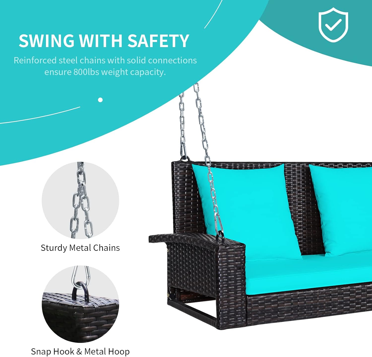 RELAX4LIFE Porch Swing 2-Seat Patio Rattan, Wicker Porch Swings Outdoor W/Two 7.9 Ft Solid Steel Chain, Comfortable Back & Seat Cushions, for Front Porch, Garden, Backyard Patio Swing (Turquoise)
