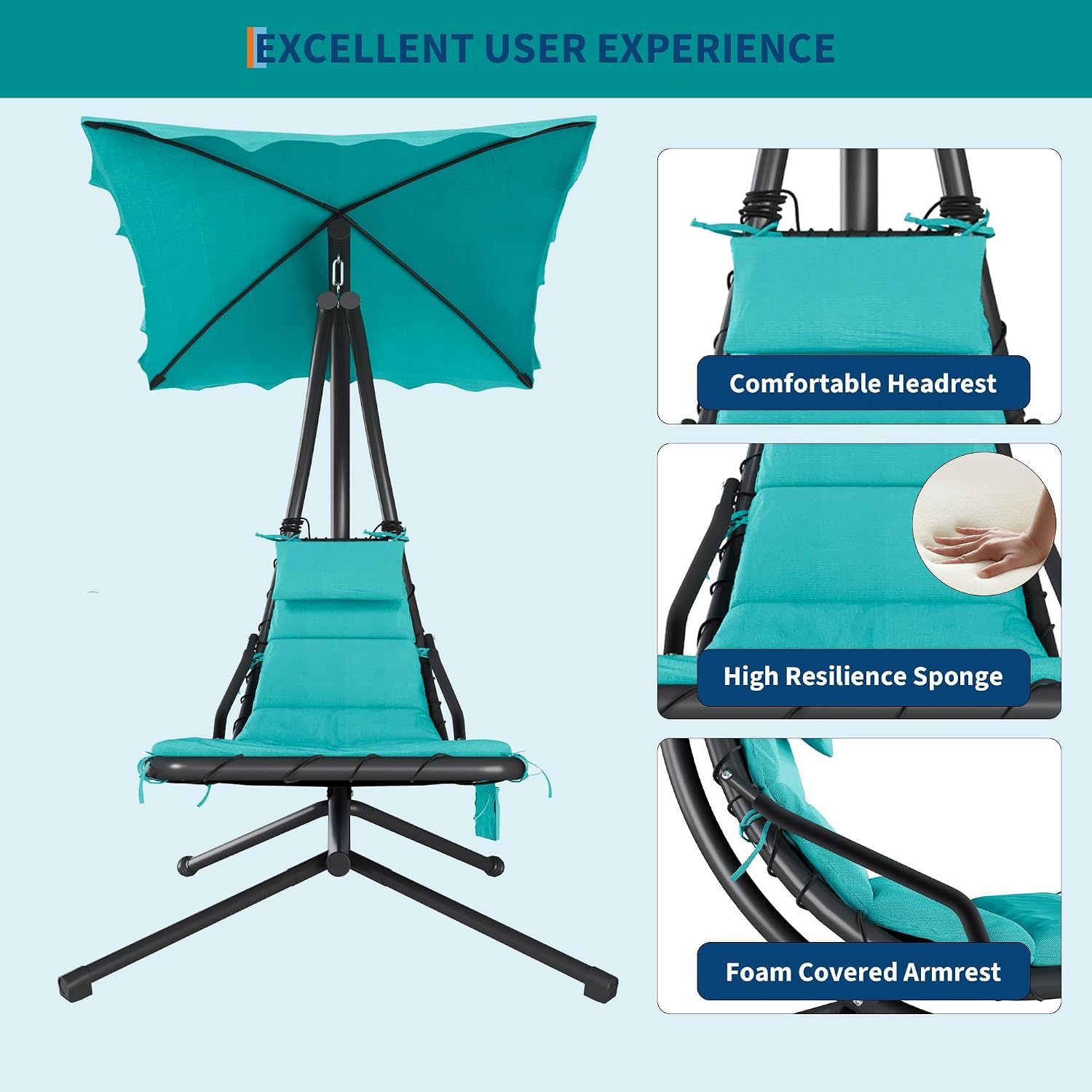 GarveeLife Chaise Lounger Swing Chair with Umbrella Canopy, Patio Hanging Chaise Lounger Chair with Stand, Curved Steel Outdoor Lounge Chairs for Indoor Patio Pool Garden Backyard Porch