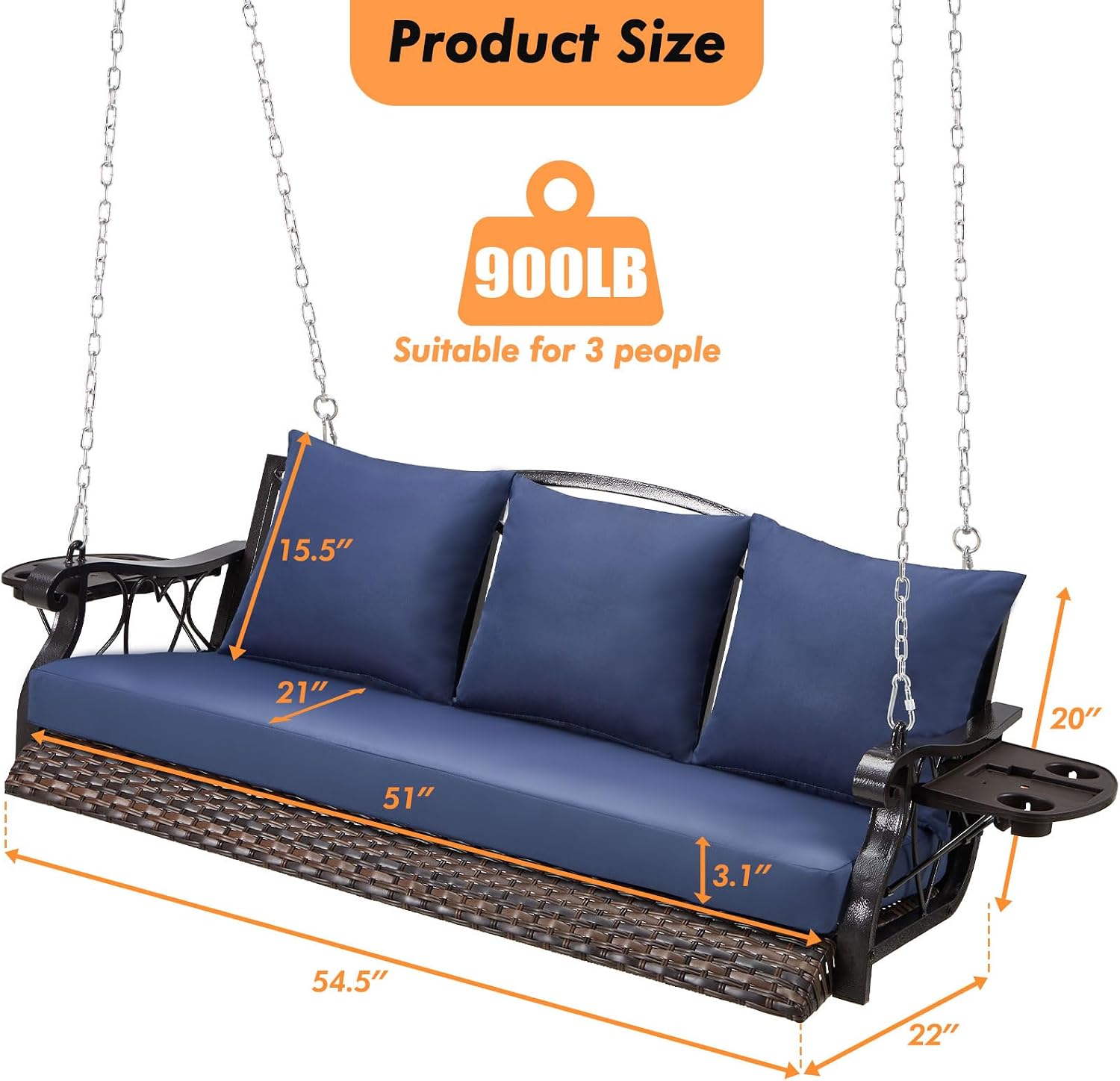ZZW 3-Person Wicker Porch Swing Chair Heavy Duty 900 LBS Outdoor Rattan Patio Swing Chair w/Cup-Holder & Steel Chains Hanging Bench Porch Swing Cushions for Deck & Backyard & Garden