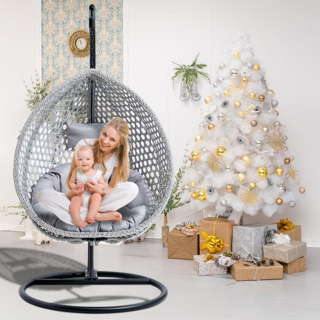 JUFU Egg Swing Chair with Stand,Hanging Egg Chair Indoor Outdoor,Hammock Hanging Basket Chair with Aluminum Steel Frame，Patio Egg Chair with Removable Cushions for Patio Balcony Backyard,Bedrooms