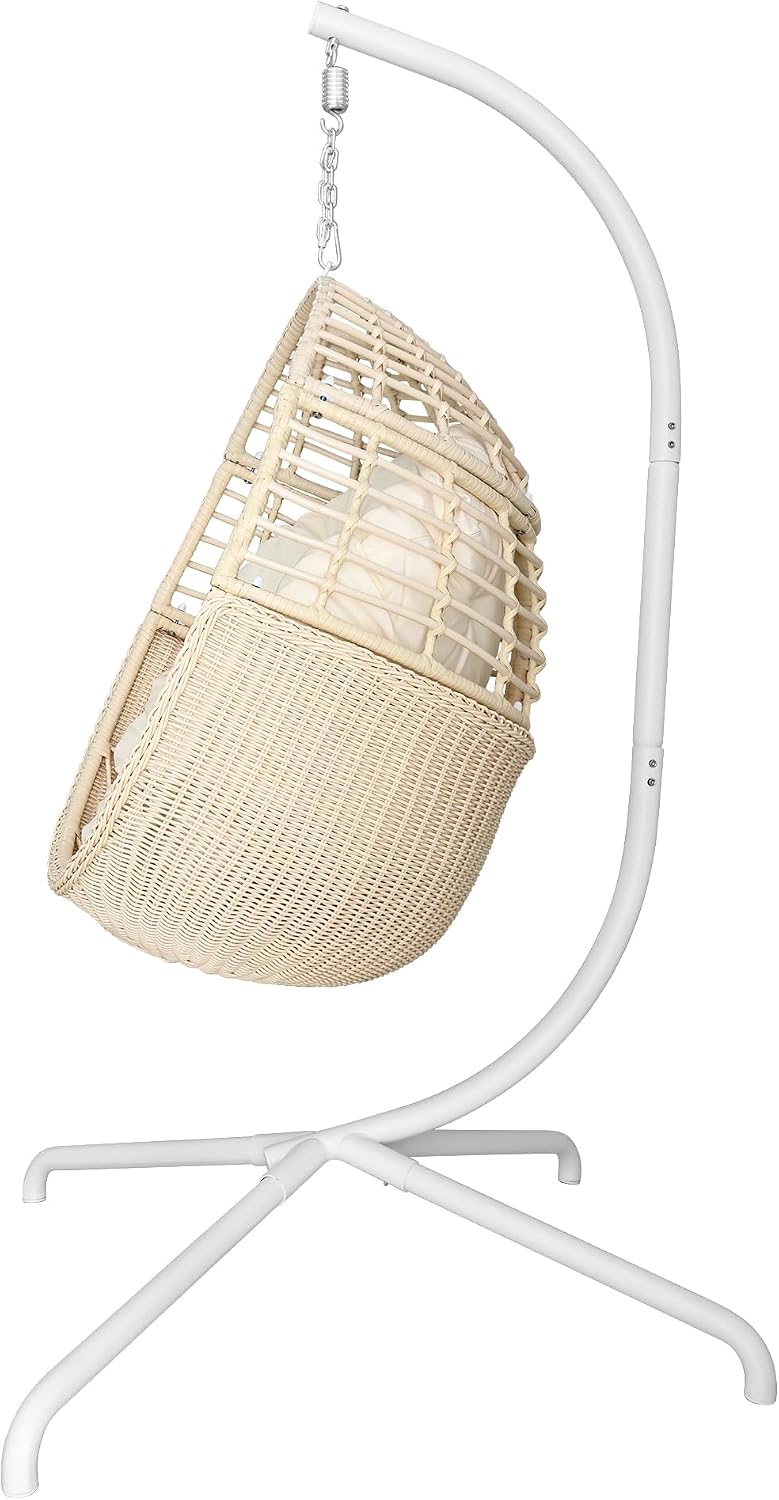 TWT Egg Swing Chair with Stand Beige Outdoor - Rattan Wicker Patio Hanging Basket Hammock Chair with Metal Frame and UV Resistant Cushion for Indoor Bedroom Balcony (Claws Base)