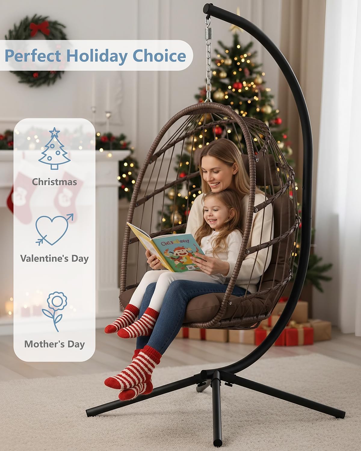 SWITTE Egg Chair Outdoor with Stand, Indoor Wicker Hanging Egg Swing Chair with Cushion, 350lbs Capacity for Patio, Bedroom, Garden - Brown