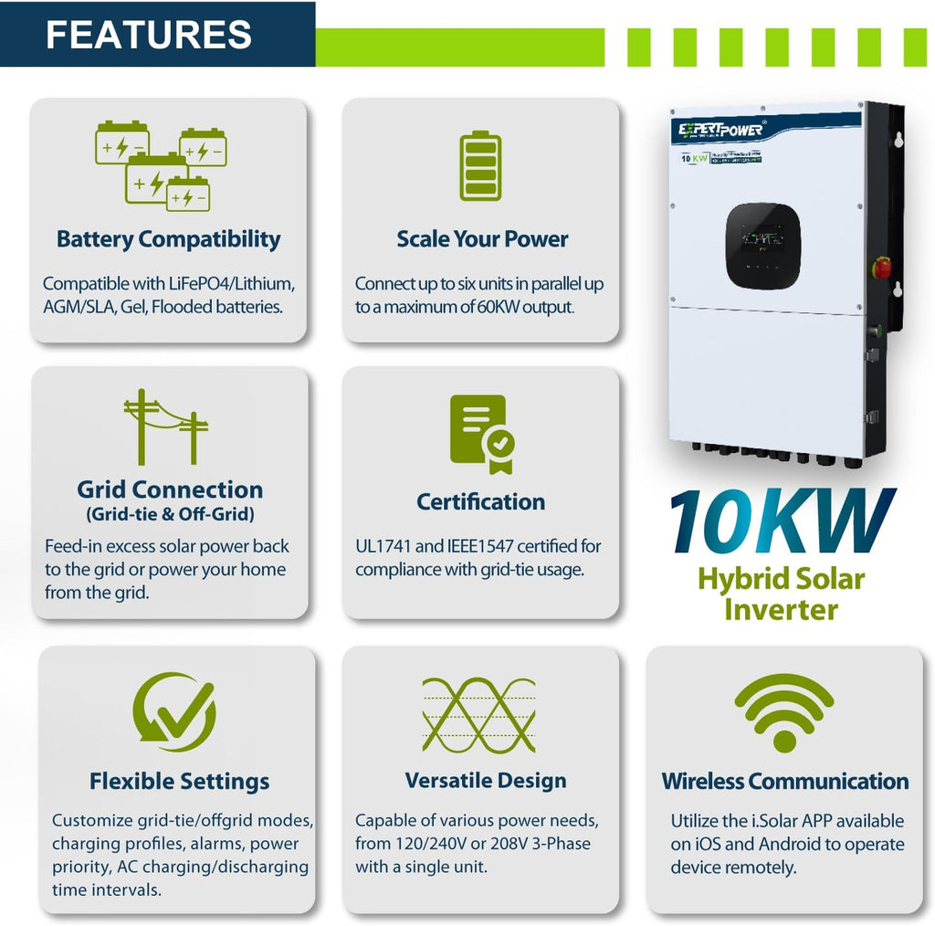 3 Pack ExpertPower 10KW 48V - 120V/ 240V/ 208V Hybrid Solar Inverter | 12KW Solar Input, 10KW AC Output | Max. 60KW in Parallel | UL1741 | Built-in WiFi | Home, Cabin, Off-Grid, Grid-Tie Solar System