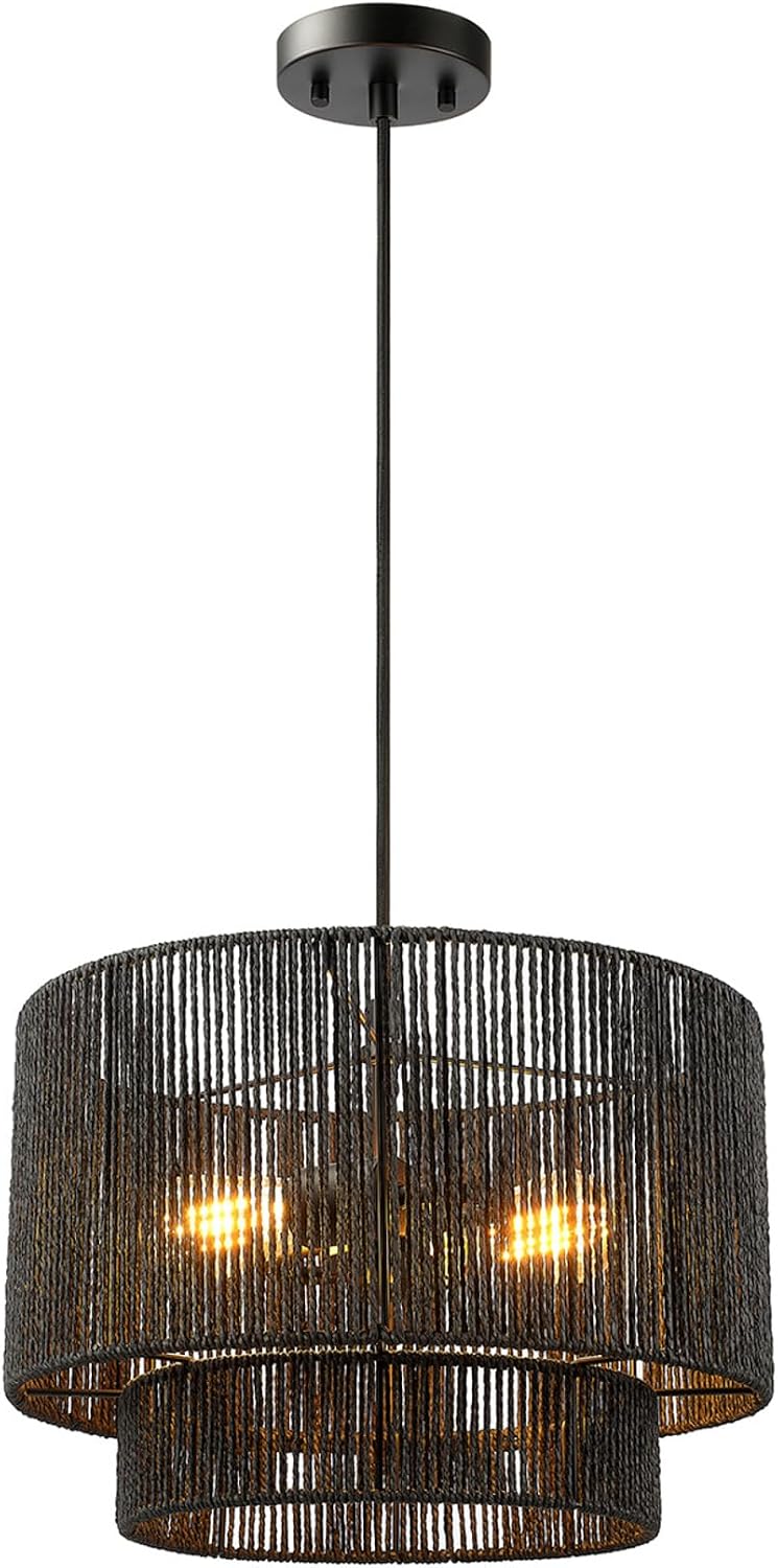 Globe Electric 67000102 2-Light Pendant Light Fixture, Matte Black, Paper Twine Shade, Braided Fabric Cord, Kitchen Island Lighting, Living Room Pendant Light, Hanging Lights for Bedroom
