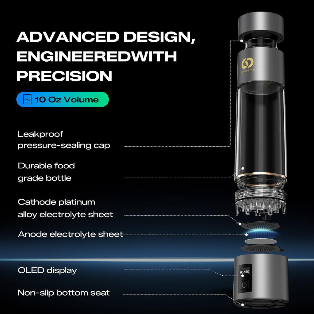 PUREPEBRIX Hydrogen Water Bottle - IHSA Certified 6400 PPB Portable Hydrogen Water Maker - Health Gift for Parents, Molecular Hydrogen Water (Silver)