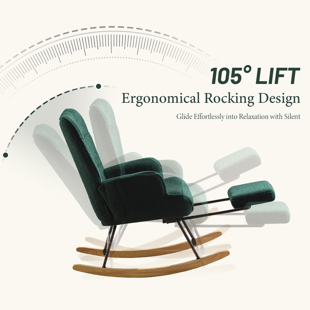 Furniliving Nursery Rocking Chair Upholstered Glider Rocking Chair Modern Accent Chair with Retractable Footrest Reading Chair with High Backrest Comfy Chair for Living Room, Green, Teddy