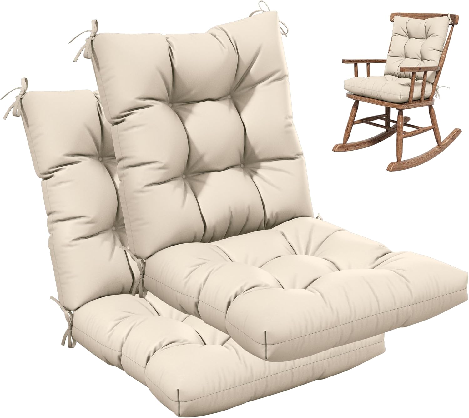 2sets Rocking Chair Cushion Set,Outdoor Patio Chair Cushions,Waterproof and Fade-Resistant Replacement Tufted Pads with Ties for Indoor Outdoor Rocker/Patio/Swing Chair,42 x 21 x 5 Inches