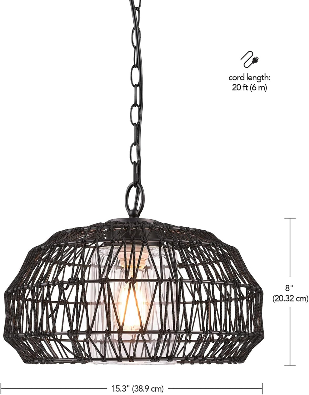 Globe Electric 44759 1-Light Outdoor/Indoor Plug-in Pendant Light, Black Woven Fabric Shade, Matte Black Finish, 20-Foot Designer Cord, Weather Resistant