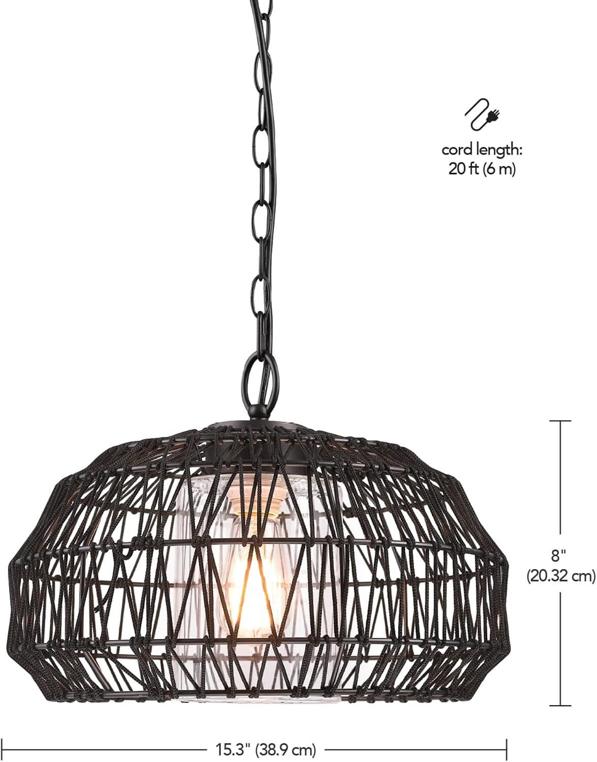 Globe Electric 44759 1-Light Outdoor/Indoor Plug-in Pendant Light, Black Woven Fabric Shade, Matte Black Finish, 20-Foot Designer Cord, Weather Resistant