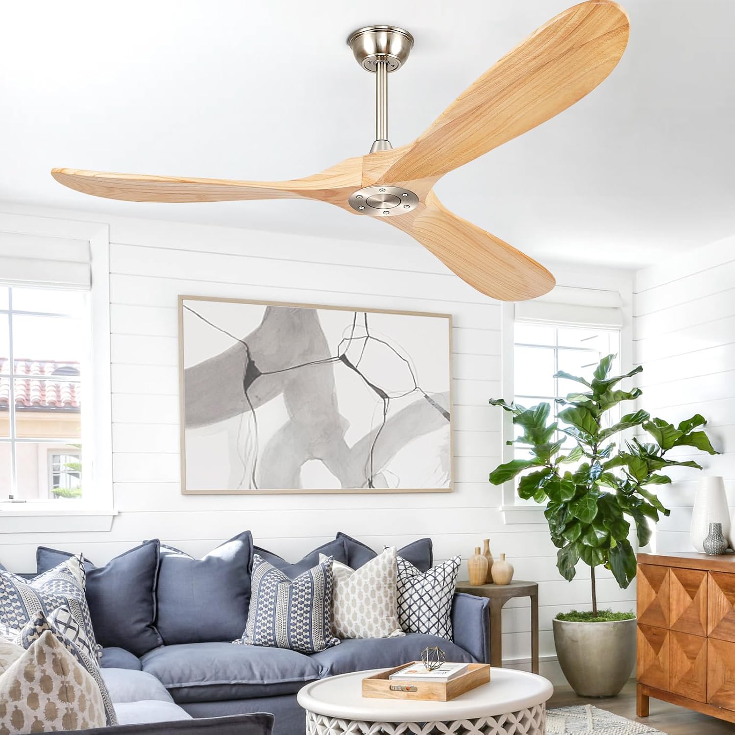 60' Ceiling Fans Without Lights, Wood Ceiling Fan with Remote Control No Light, Outdoor Propeller Ceiling Fan with 3 Blades,Brushed Nickel Outdoor Ceiling Fans for Patios (Nature Wood)