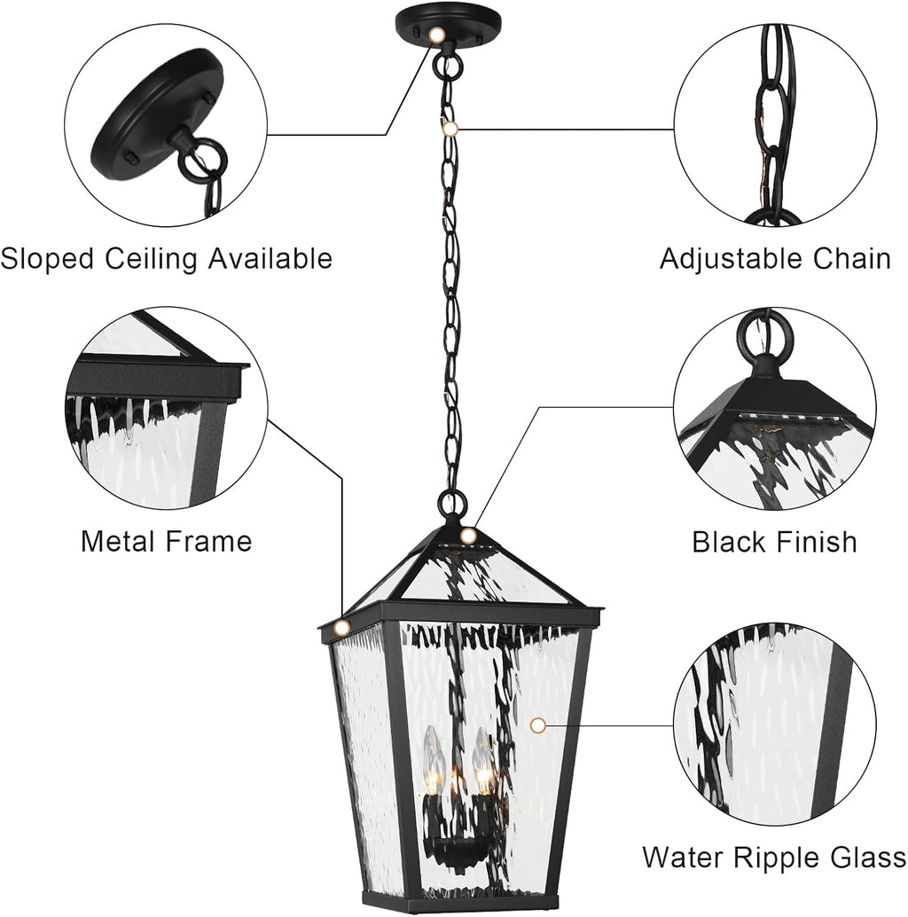 Treekee Outdoor Pendant Light, Modern Black Hanging Lantern Light for Front Porch, Adjustable Exterior Chandelier Fixture with E12 Sockets & Water Ripple Glass for Patio, Entryway, Garage, Gazebo