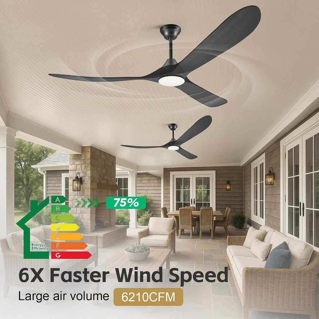 60 Inch Black Outdoor Ceiling Fans with Lights, Smart Ceiling Fan with Remote/APP/Alexa Control, Solid Wood Farmhouse Ceiling Fan for Patios Porch Bedroom, Quiet Reversible DC Motor, Indoor/Exterior