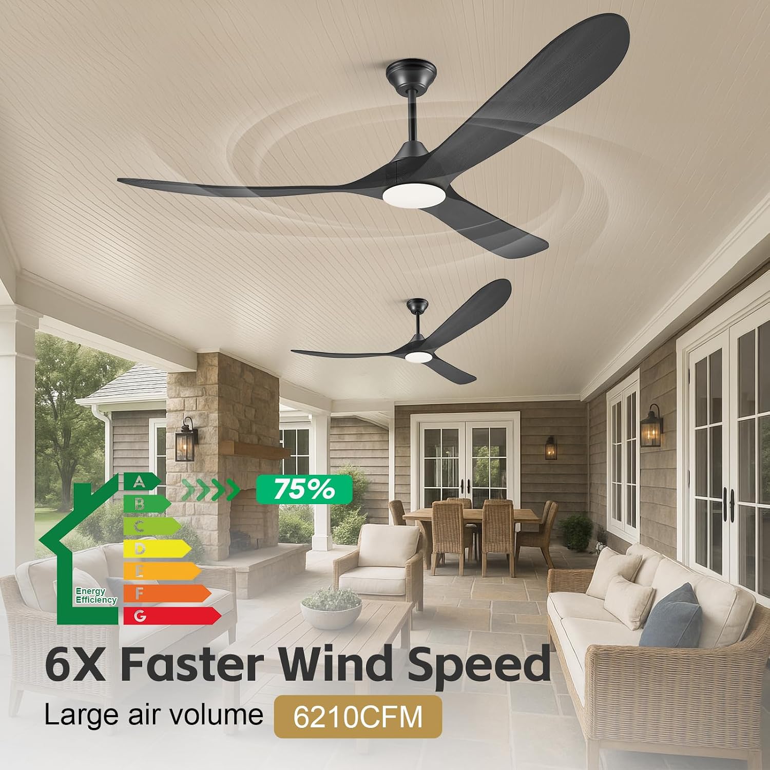 60 Inch Black Outdoor Ceiling Fans with Lights, Smart Ceiling Fan with Remote/APP/Alexa Control, Solid Wood Farmhouse Ceiling Fan for Patios Porch Bedroom, Quiet Reversible DC Motor, Indoor/Exterior