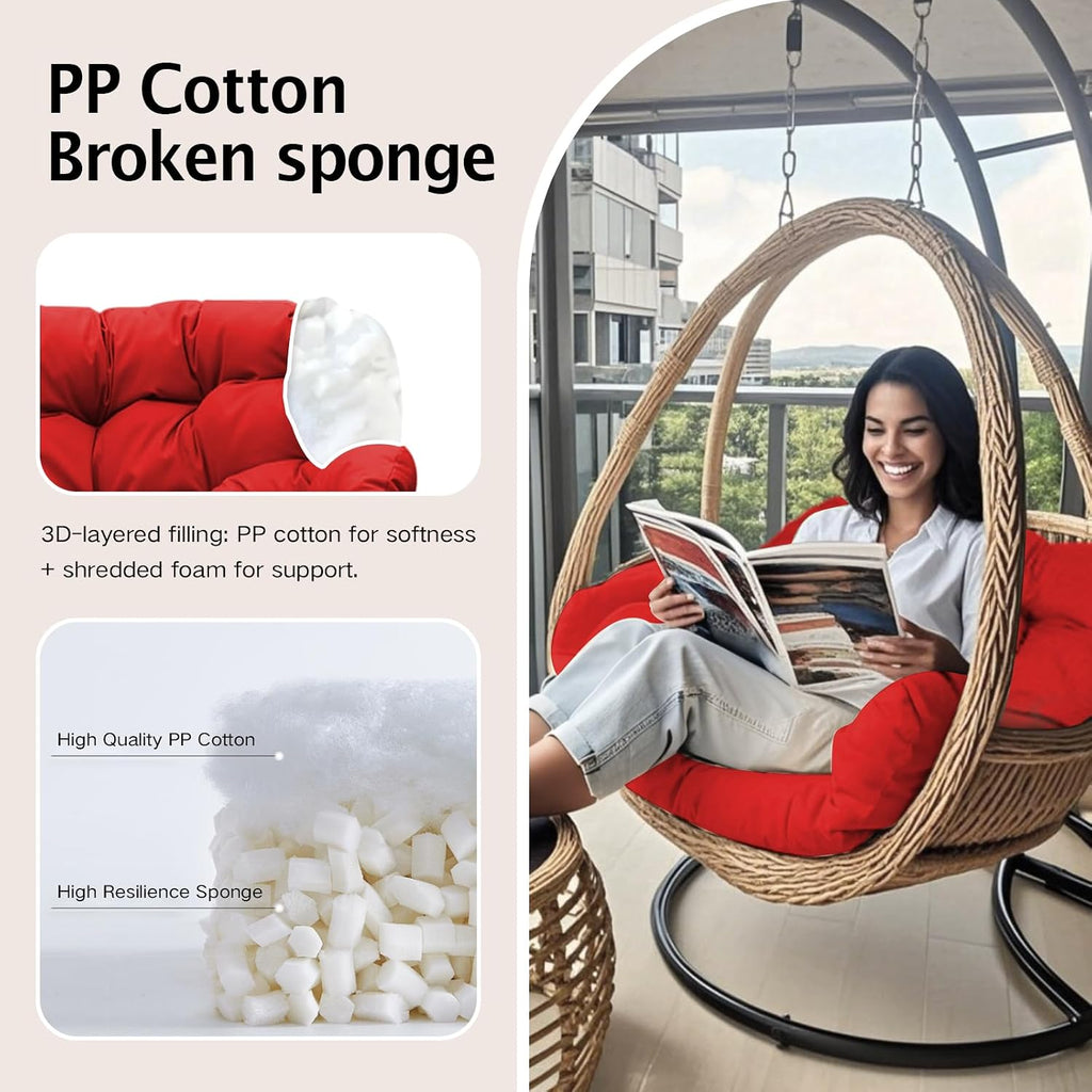 Thickened Waterproof Papasan Rocking Chair Cushion – 6.3'' Patio Egg Chair Pad with Ties, Outdoor/Indoor Rattan Hammock Chair Cushion for Porch, Garden, Balcony (Only Cushion) (Red)