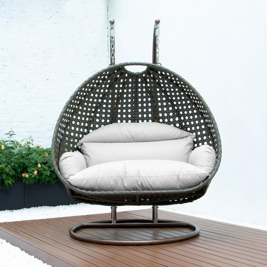 LeisureMod 2 Person Wicker Egg Chair Outdoor Indoor Bedroom Patio Hanging Lounge Swing Hammock Chairs with White Stand and UV Resistant Cushions (White)
