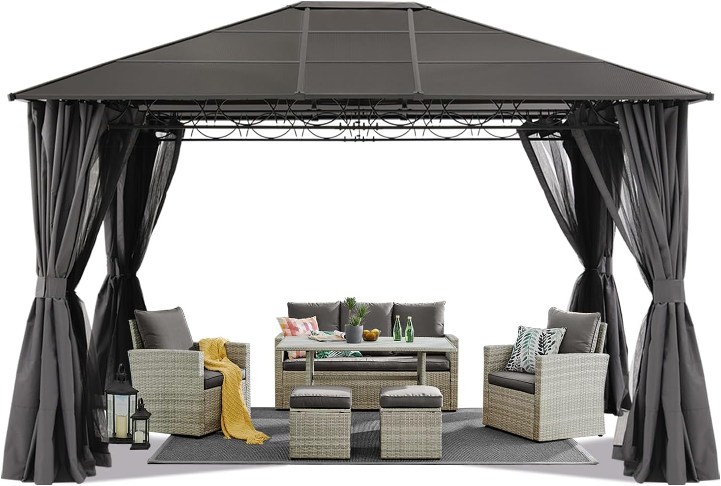 10x12 Hardtop Patio Gazebo with Curtains and Netting by ABCCANOPY