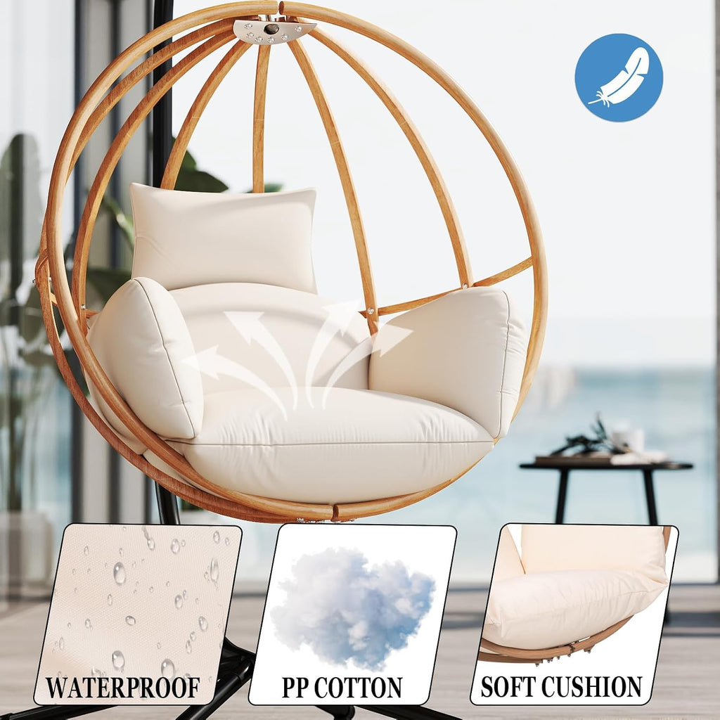 Egg Chair with Stand, Egg Swing Chair with Stand Outdoor, Outdoor Indoor Egg Swing Chair with Cushion Headrest for Patio, Porch, Balcony, Bedroom, Beige