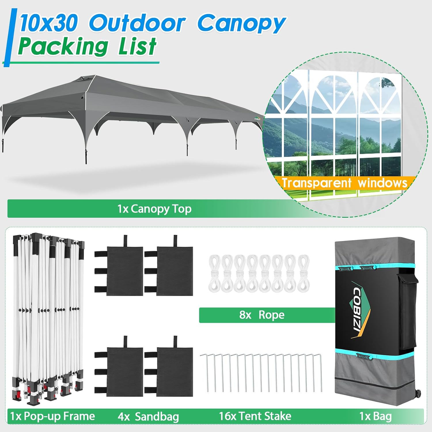 COBIZI 10x30 Pop Up Canopy Tent for Parties with 5 Sidewalls| Push Center Lock & Air Vent| Waterproof & UPF50+ |Gazebo Outdoor Tent for Party,Wedding,BBQ with 4 Sandbags, 8 Stakes & 16 Ropes,Grey