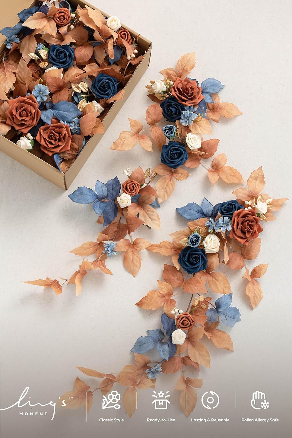 Ling's moment Fall 10pcs Wedding Chair Decorations Aisle Floral Swag Artificial Pew Flowers Hanging Garland Terracotta Burnt Orange & Navy Blue for Ceremony Reception Church Rose Floral Party Outdoor