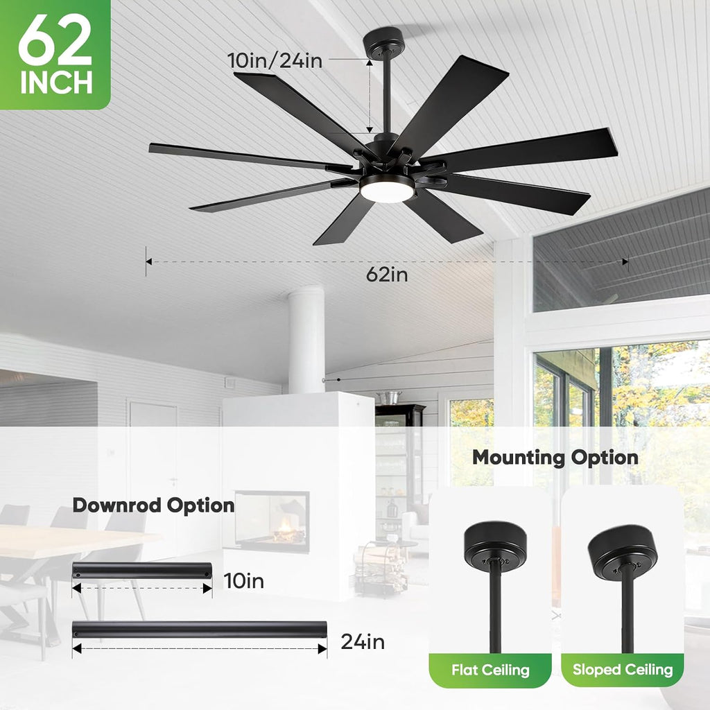 62 Inch Outdoor Ceiling Fan with Light for Patios, Black Ceiling Fan with Light, Large Damp Rated Industrial Fan with 8 Blades, Large Airflow Indoor Exterior Fans for Patios Porch Garage Office