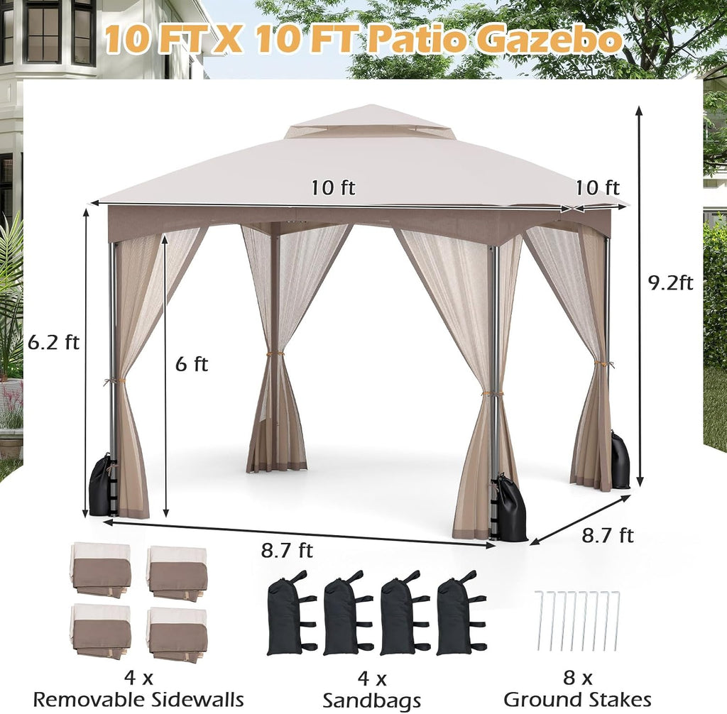 Tangkula 10x10 FT Outdoor Gazebo with Netting, Double Roof Patio Shelter with 4 Sandbags, Zippered Doors, Heavy-Duty Metal Frame, Metal Patio Gazebo for Yard Garden Lawn (Khaki)
