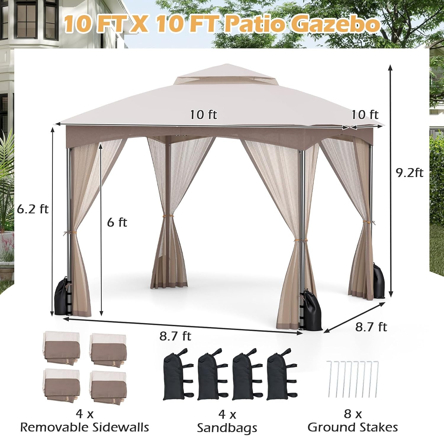 Tangkula 10x10 FT Outdoor Gazebo with Netting, Double Roof Patio Shelter with 4 Sandbags, Zippered Doors, Heavy-Duty Metal Frame, Metal Patio Gazebo for Yard Garden Lawn (Khaki)
