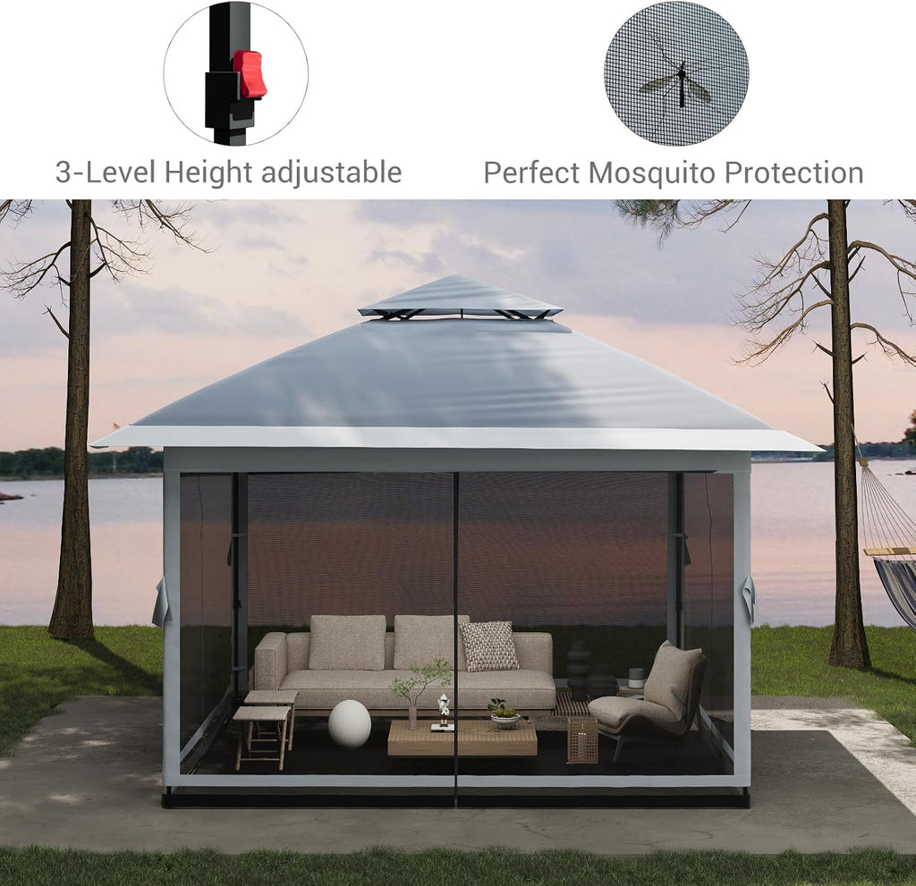 Pop-Up Gazebo, 13 x 13 ft Canopy Tent, Patio Canopy Shelter, Instant Easy Set Up, Waterproof and UV-Resistant Proof, 4 Mosquito Mesh Nettings, Adjustable Height, Wheeled Carring Bag, Backyard Gazebos