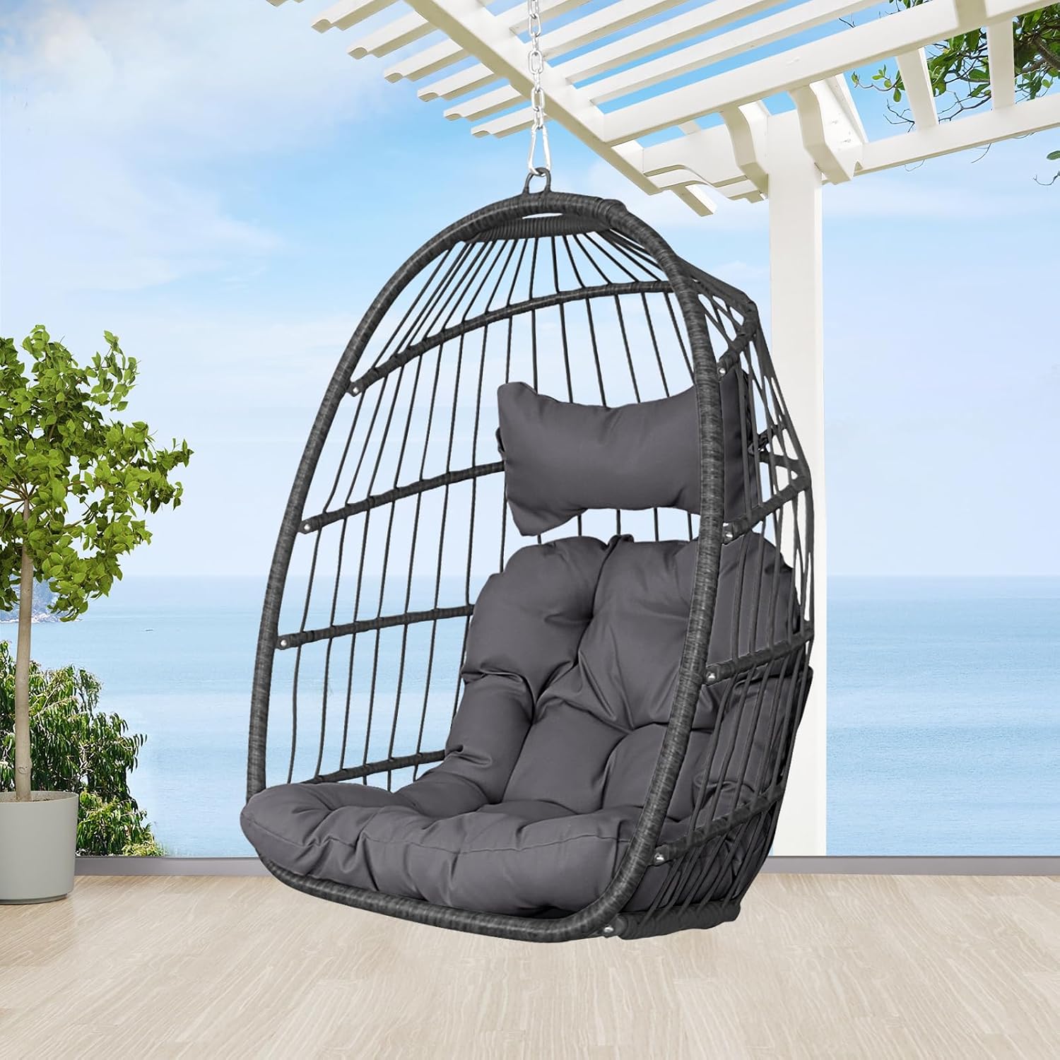 BULEXYARD Outdoor Egg Chair Without Stand, 350 Lbs Foldable Weather-Resistant Rattan Hanging Hammock with Cushion, Cozy Swing Basket Seat for Bedroom Balcony Patio Pergola Tree Mount, Dark Grey